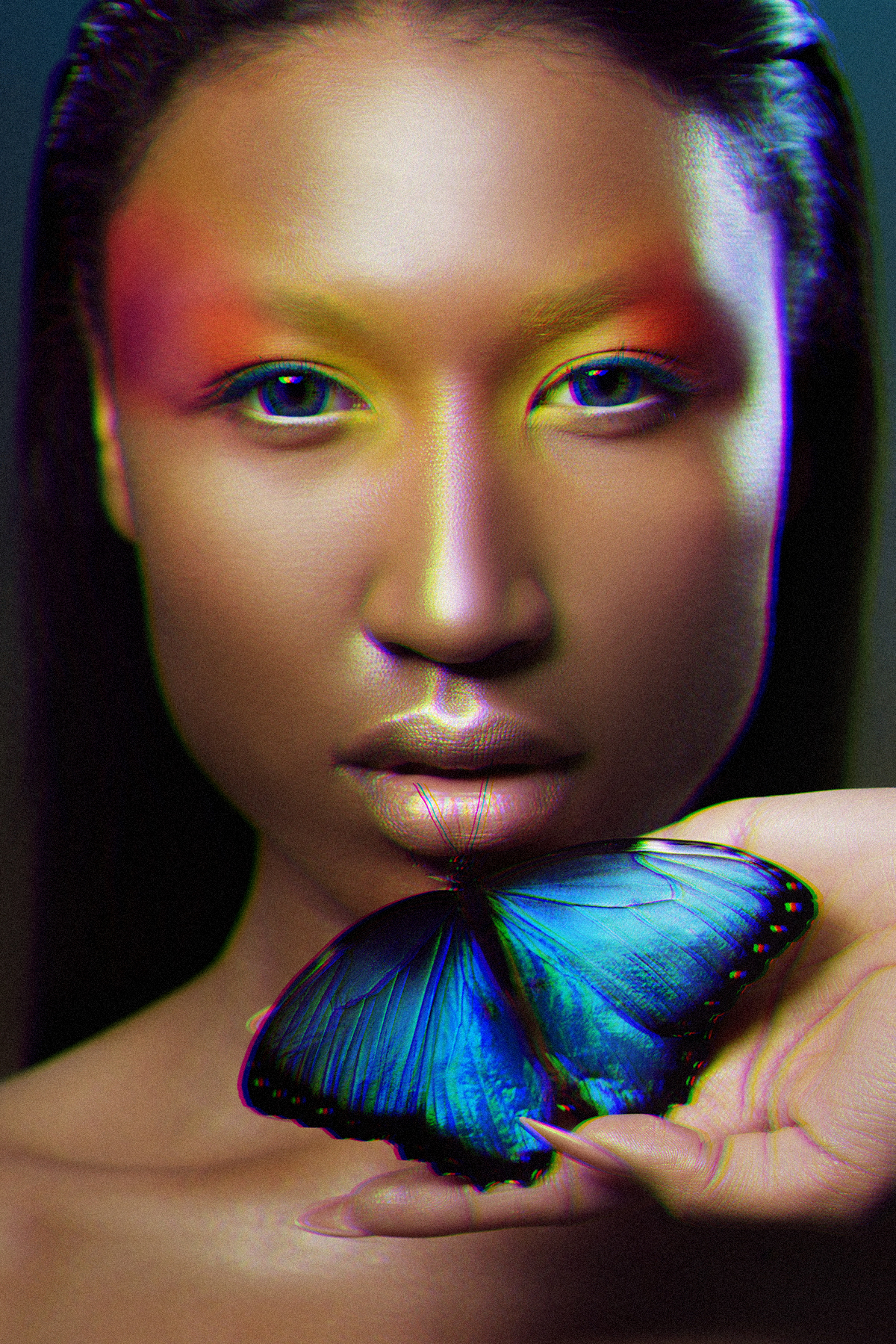 Young and beautiful black model, exotic look with bright blue butterfly