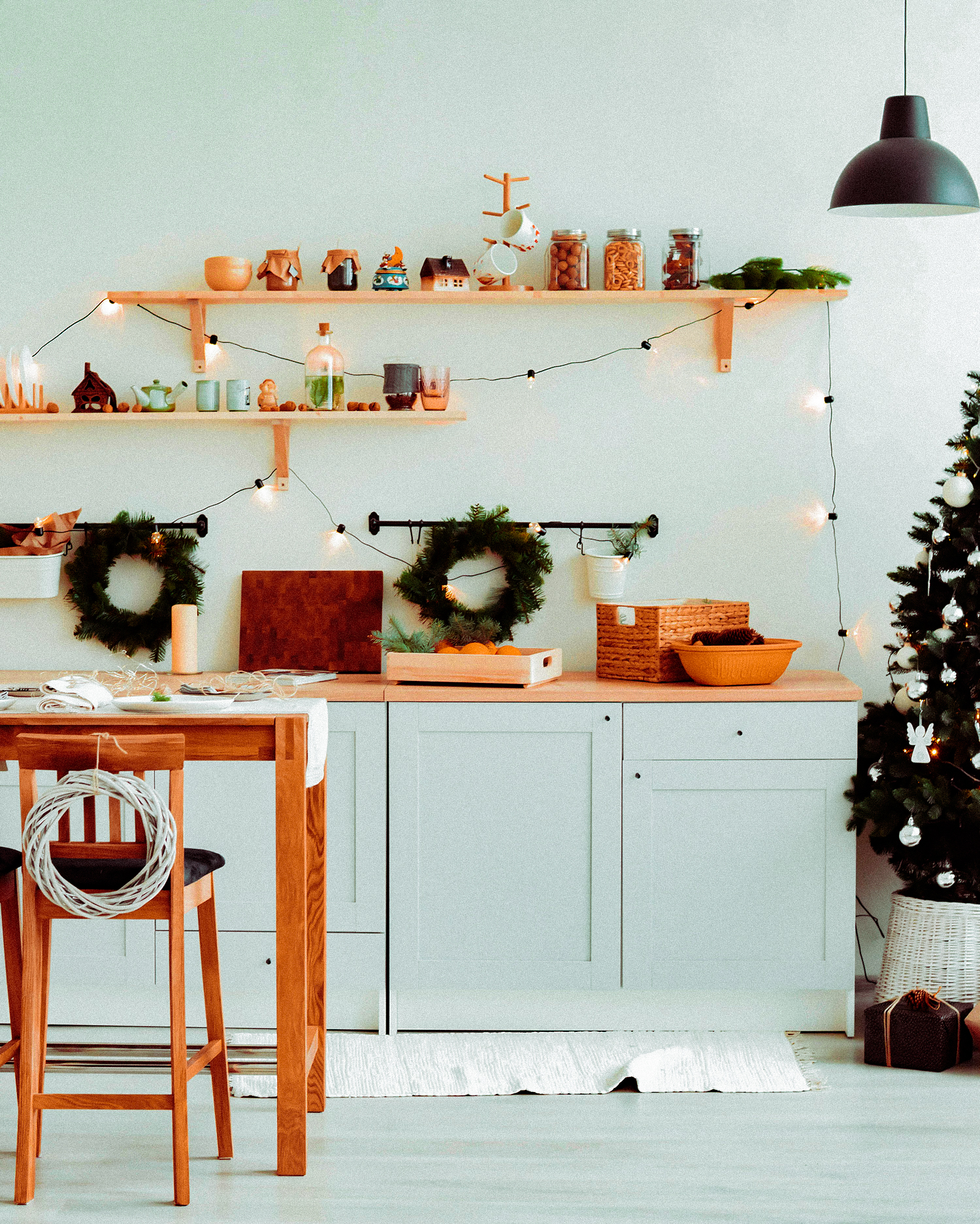 Christmas kitchen decor. The rustic kitchen for Christmas. Details of Scandinavian cuisine in light color.