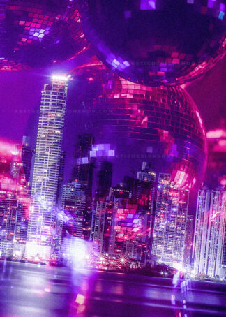 Purple city skyline overlaid by party globes