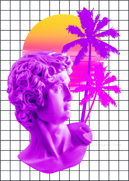 Vaporwave collage with statue, palm trees and sunset 80s style