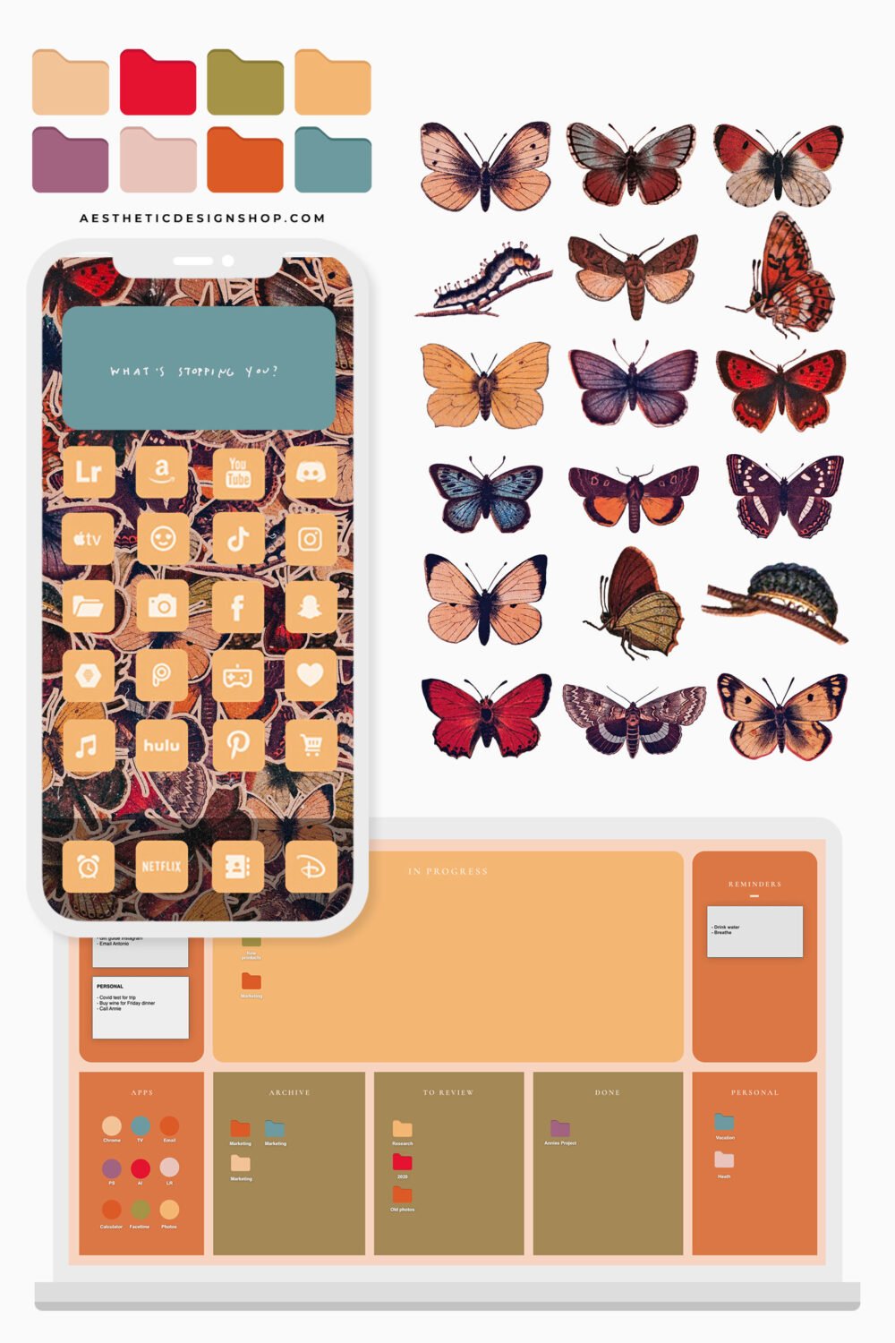 Vintage butterfly Tech Aesthetic Set: stickers, wallpapers, desktop organizer, phone and computerapp icons