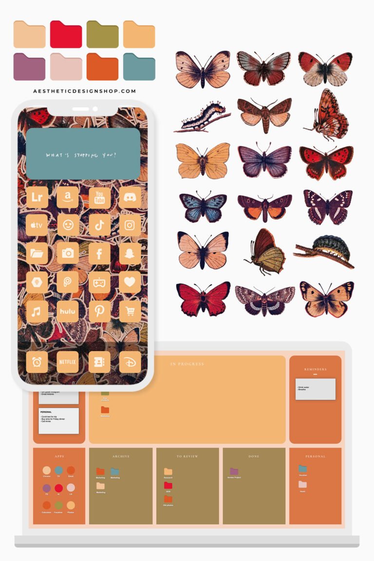 1 Vintage butterfly Tech Aesthetic Set: stickers, wallpapers, desktop organizer, phone and computerapp icons
