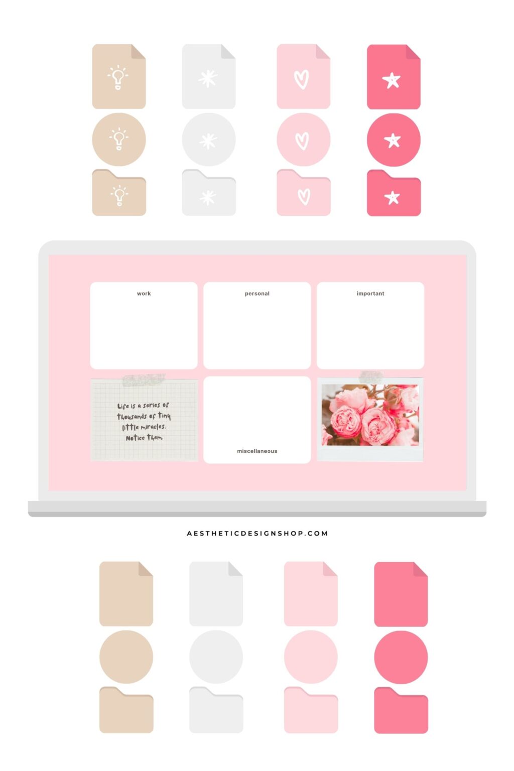 Pink Mood Desktop Aesthetic Set - 24 Icons + Desktop organizer Wallpaper (with Canva template)