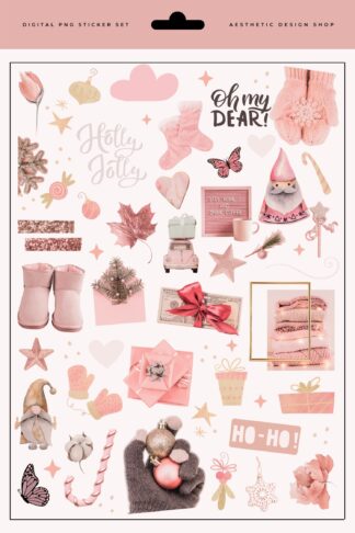 pink christmas png sticker set digital scrapbooking aesthetic collage