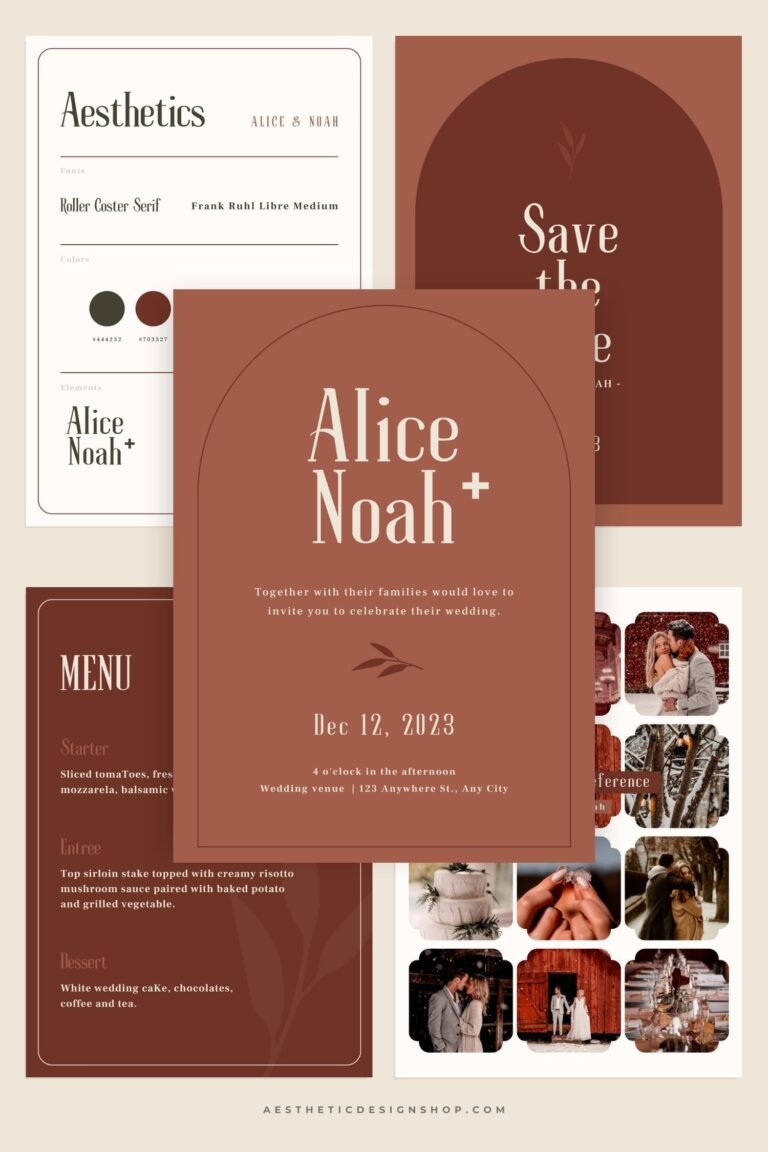 Chic Brown Wedding Canva templates - Wedding invitation, Save the Date, Menu, Mood board and more