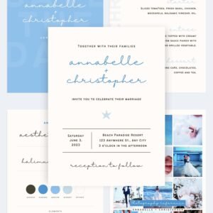 Ocean Blue Wedding Canva templates - Wedding invitation, Save the Date, Menu, Mood board and more 1