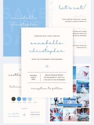 Ocean Blue Wedding Canva templates - Wedding invitation, Save the Date, Menu, Mood board and more 1
