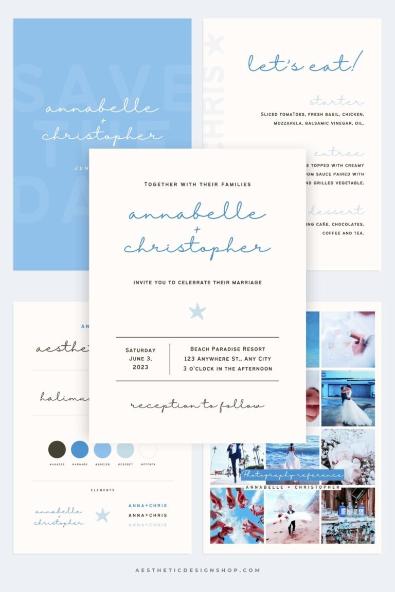 Ocean Blue Wedding Canva templates - Wedding invitation, Save the Date, Menu, Mood board and more 1