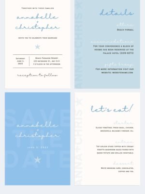 Ocean Blue Wedding Canva templates - Wedding invitation, Save the Date, Menu, Mood board and more 1
