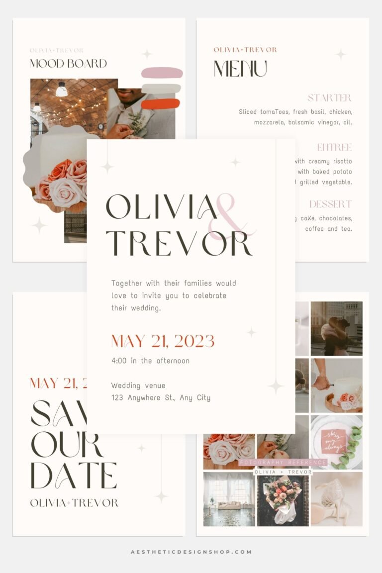 Pink + Persimmon Wedding Canva templates - Wedding invitation, Save the Date, Menu, Mood board and more1