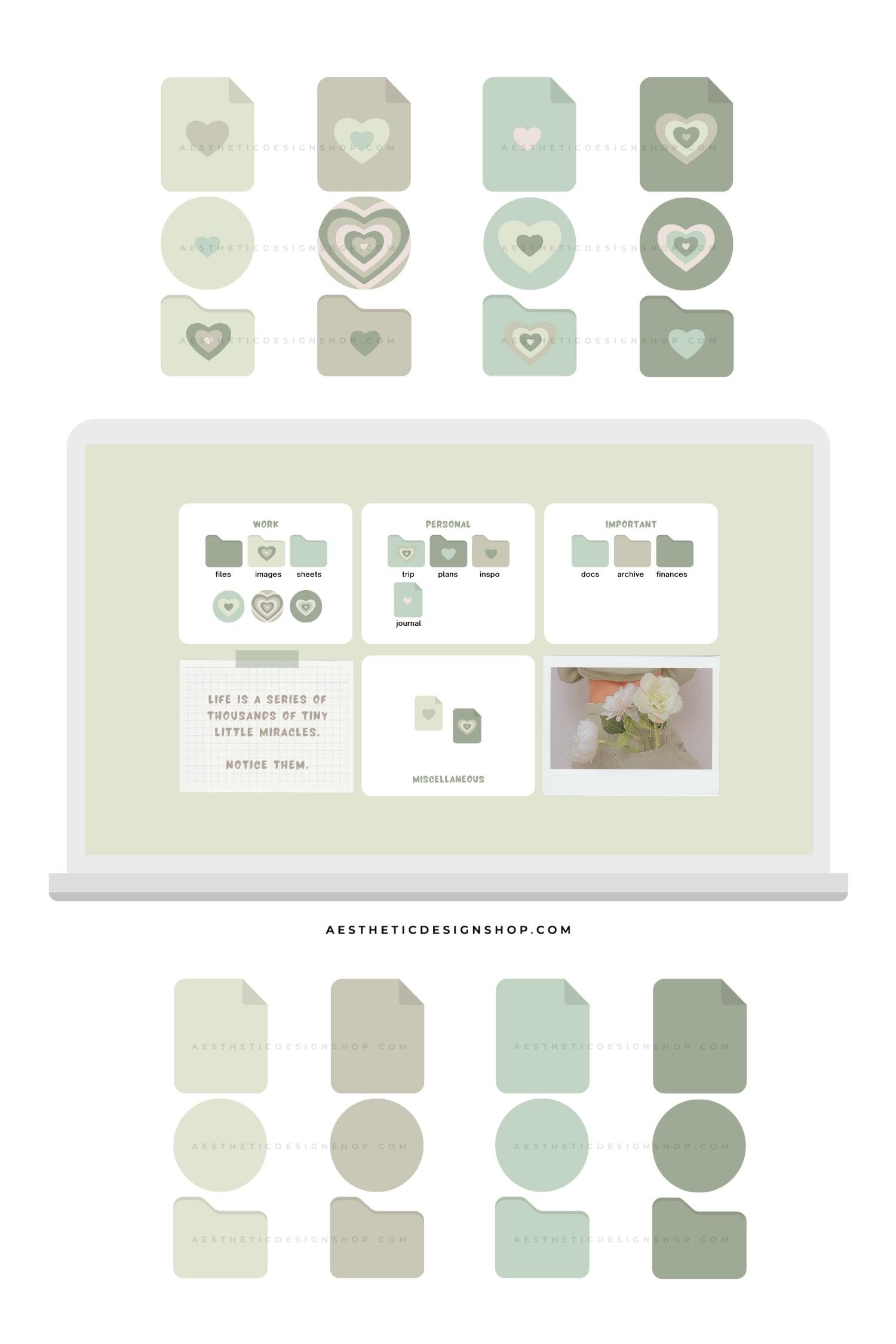 sage-green-desktop-aesthetic-des-by-lu-amaral-studio-4 Sage Green Desktop Aesthetic Set - 24 Icons + Desktop organizer Wallpaper with editable Canva template