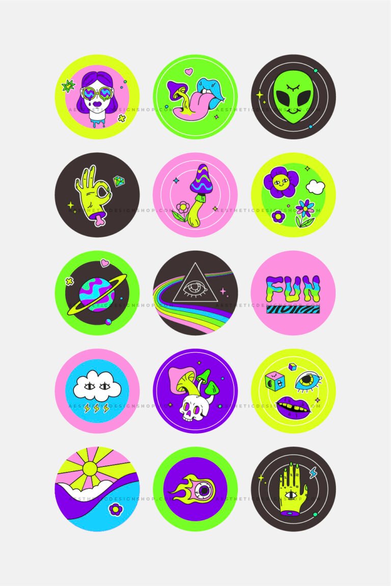 Neon groovy psychedelic aesthetic Instagram highlight covers