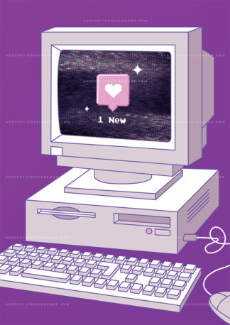 Retro computer illustration purple aesthetic image for wall collage and creative projects