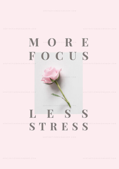 "More focus less stress" pink aesthetic image for wall collage and creative projects