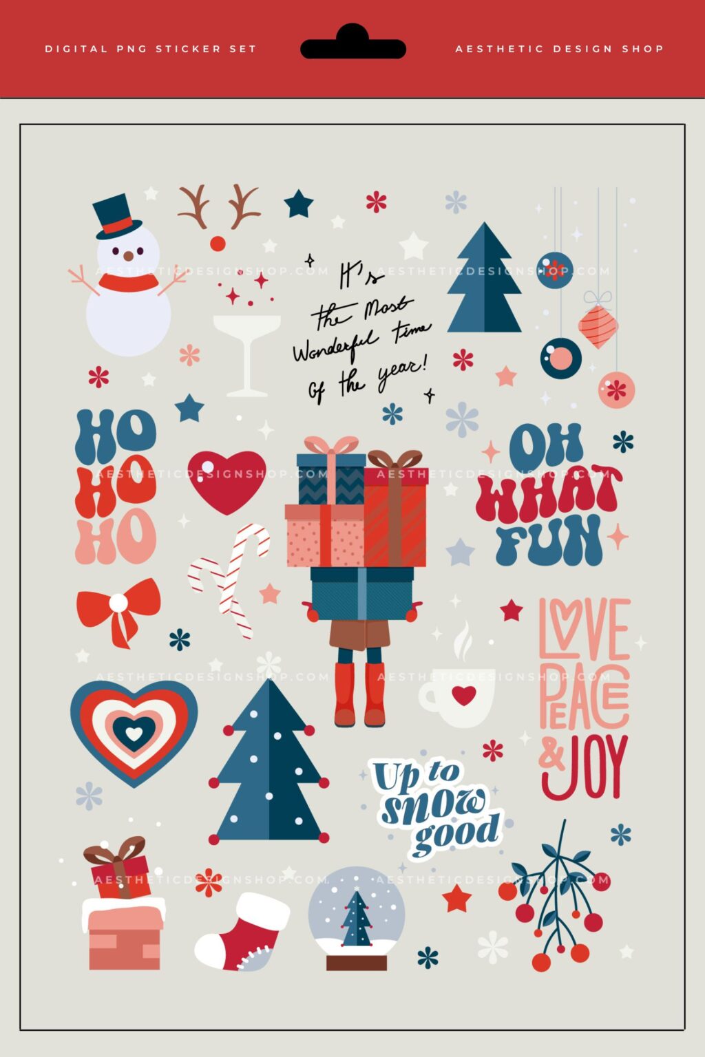 blue and red Christmas aesthetic PNG Sticker set