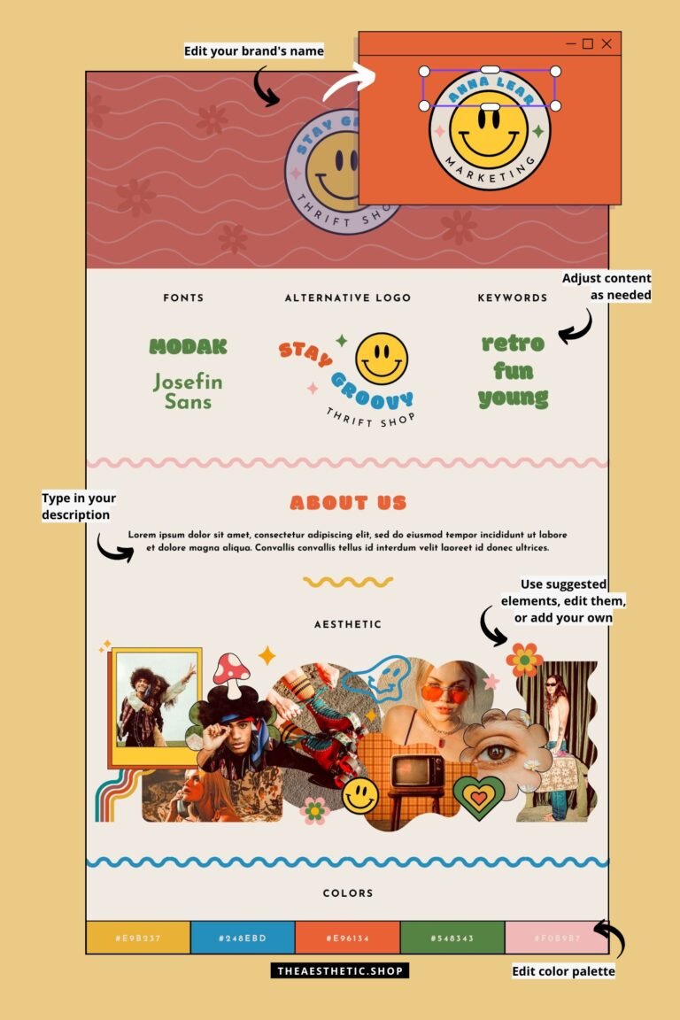 Groovy Aesthetic editable brand board - Includes logo, color palette, aesthetic, fonts & more