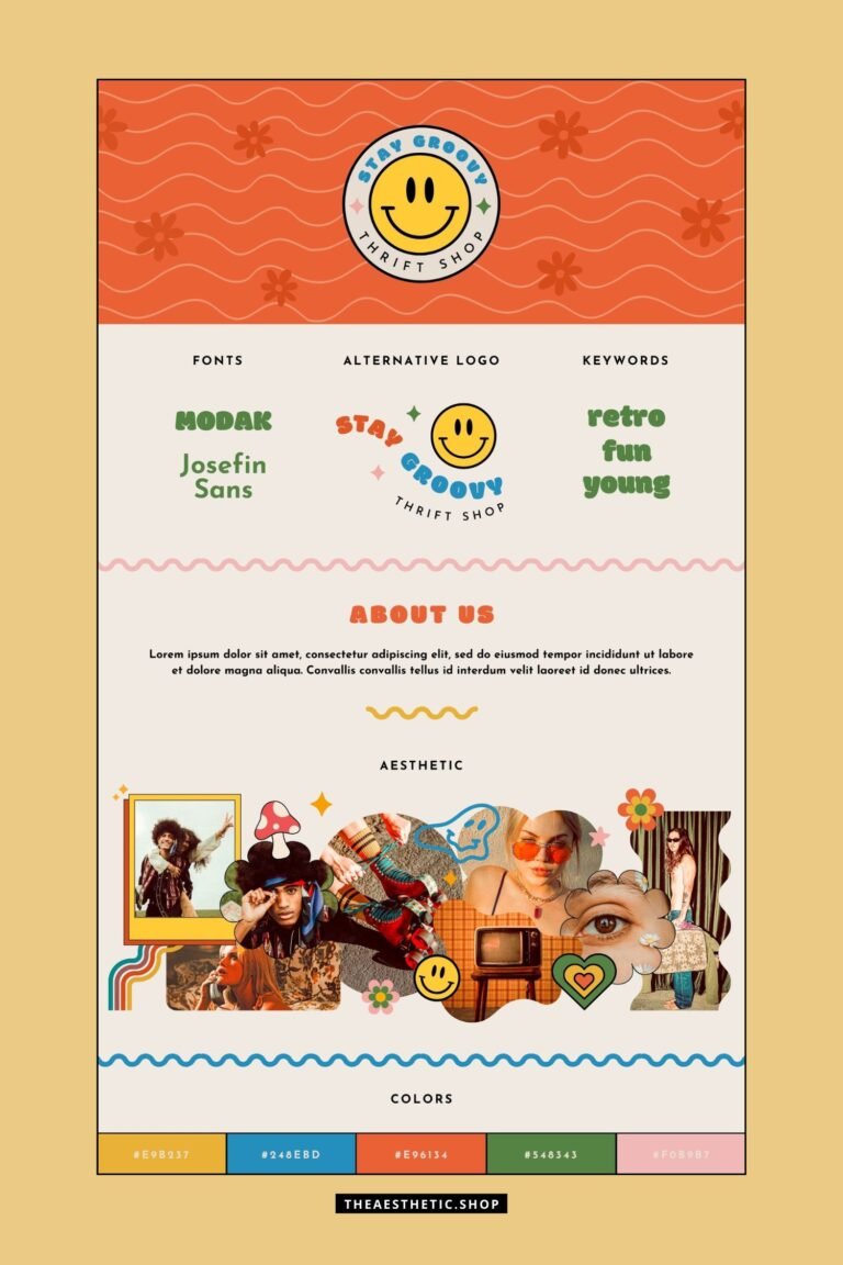 Groovy Aesthetic editable brand board - Includes logo, color palette, aesthetic, fonts & more