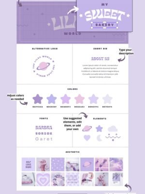 Lilac theme editable brand board - Includes logo, color palette, aesthetic, fonts & more
