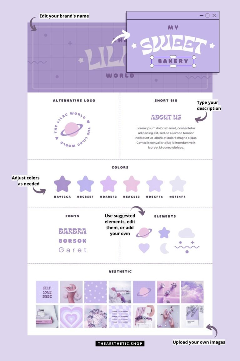 Lilac theme editable brand board - Includes logo, color palette, aesthetic, fonts & more Lilac theme editable brand board - Includes logo, color palette, aesthetic, fonts & more