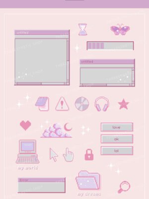 Pink pixel old computer graphics sticker set