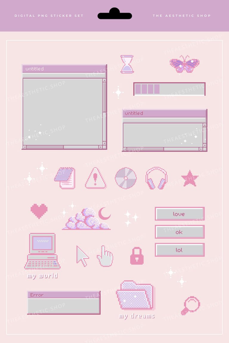 Pink pixel old computer graphics sticker set
