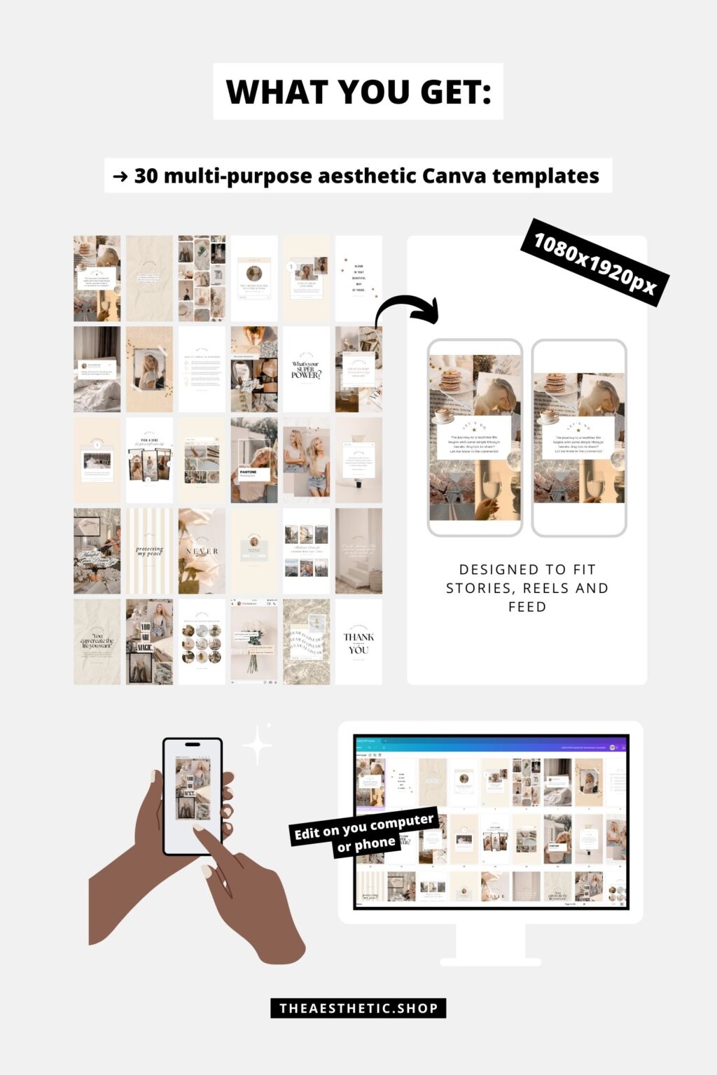 30 Easy-to-Edit Vanilla Girl Aesthetic Social Media Canva Templates - to use on Stories, Reels or feed