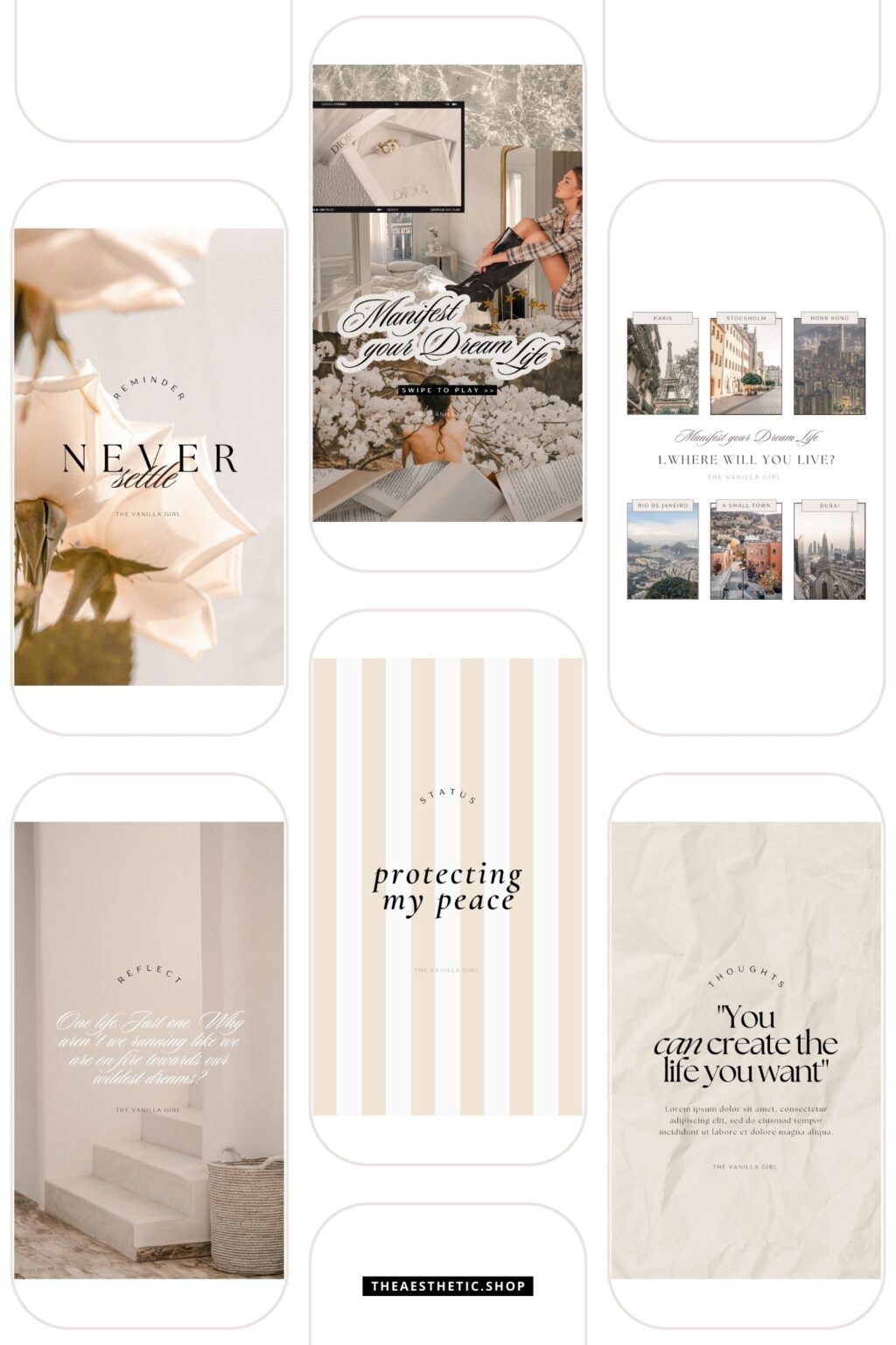 30 Easy-to-Edit Vanilla Girl Aesthetic Social Media Canva Templates - to use on Stories, Reels or feed