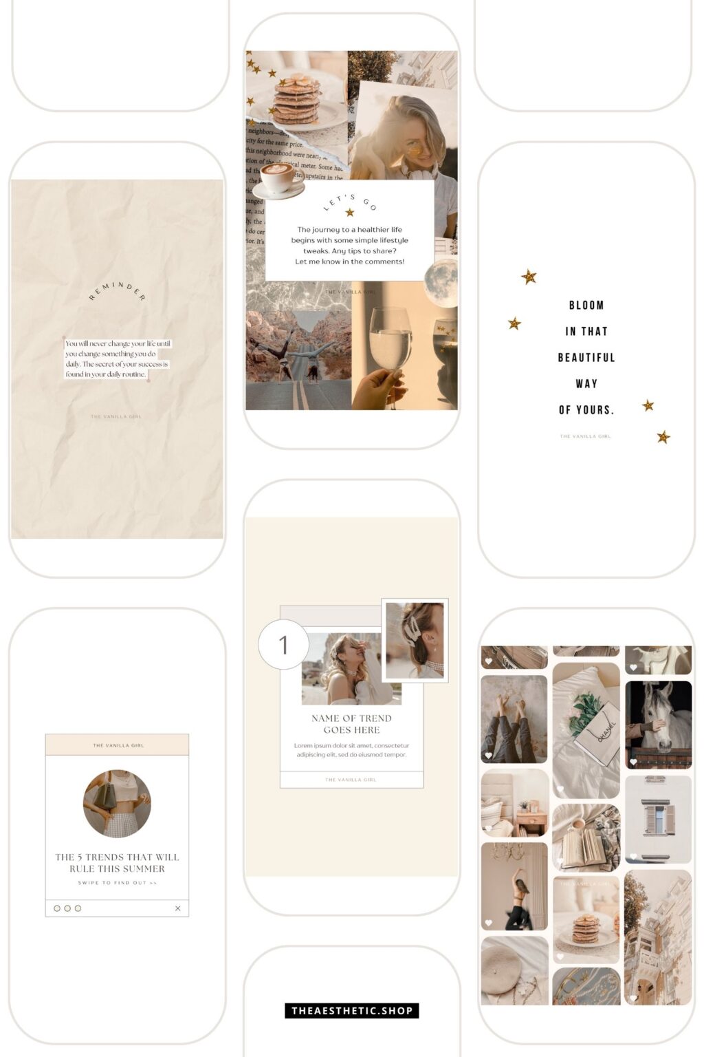 30 Easy-to-Edit Vanilla Girl Aesthetic Social Media Canva Templates - to use on Stories, Reels or feed