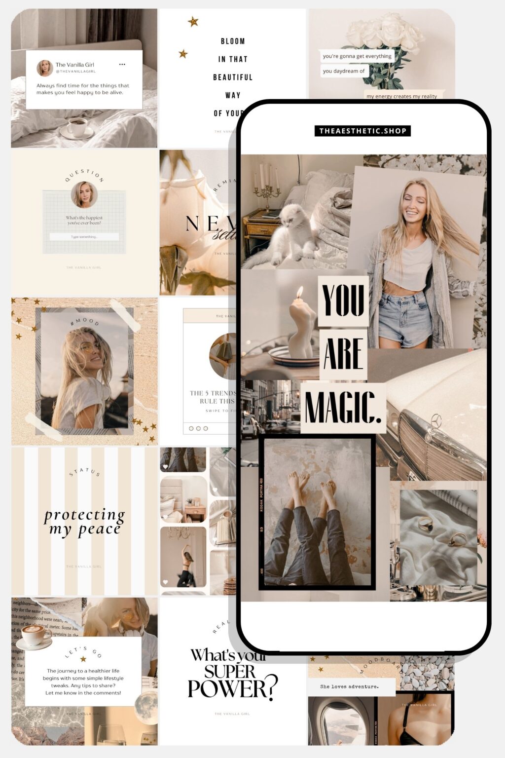 30 Easy-to-Edit Vanilla Girl Aesthetic Social Media Canva Templates - to use on Stories, Reels or feed