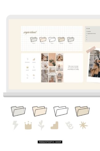 Vanilla Girl Desktop Aesthetic Set: Icons + Desktop organizer Wallpaper with editable Canva templates