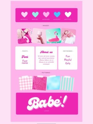 Barbiecore Aesthetic Canva editable brand board - Includes logo, color palette, aesthetic, fonts & more