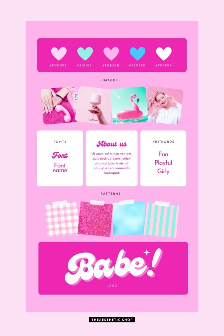 Barbiecore Aesthetic Canva editable brand board - Includes logo, color palette, aesthetic, fonts & more