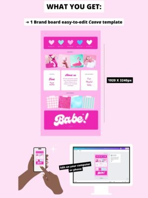 Barbiecore Aesthetic Canva editable brand board - Includes logo, color palette, aesthetic, fonts & more