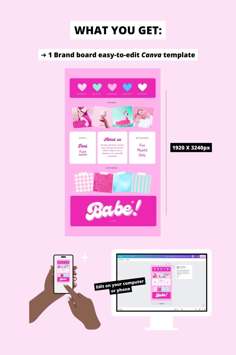 Barbiecore Aesthetic Canva editable brand board - Includes logo, color palette, aesthetic, fonts & more