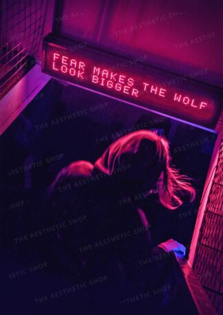 Aesthetic image of nightclub with neon sign that says "Fear makes the wolf look bigger"