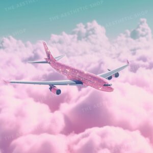 High resolution AI generated aesthetic image of a sparkly pink airplane flying in a pink sky High resolution AI generated aesthetic image of a sparkly pink airplane flying in a pink sky