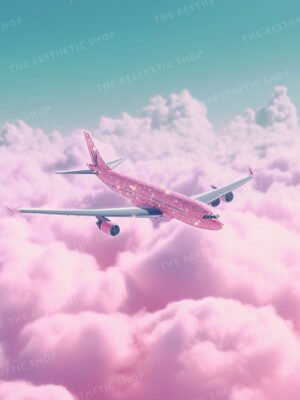 High resolution AI generated aesthetic image of a sparkly pink airplane flying in a pink sky