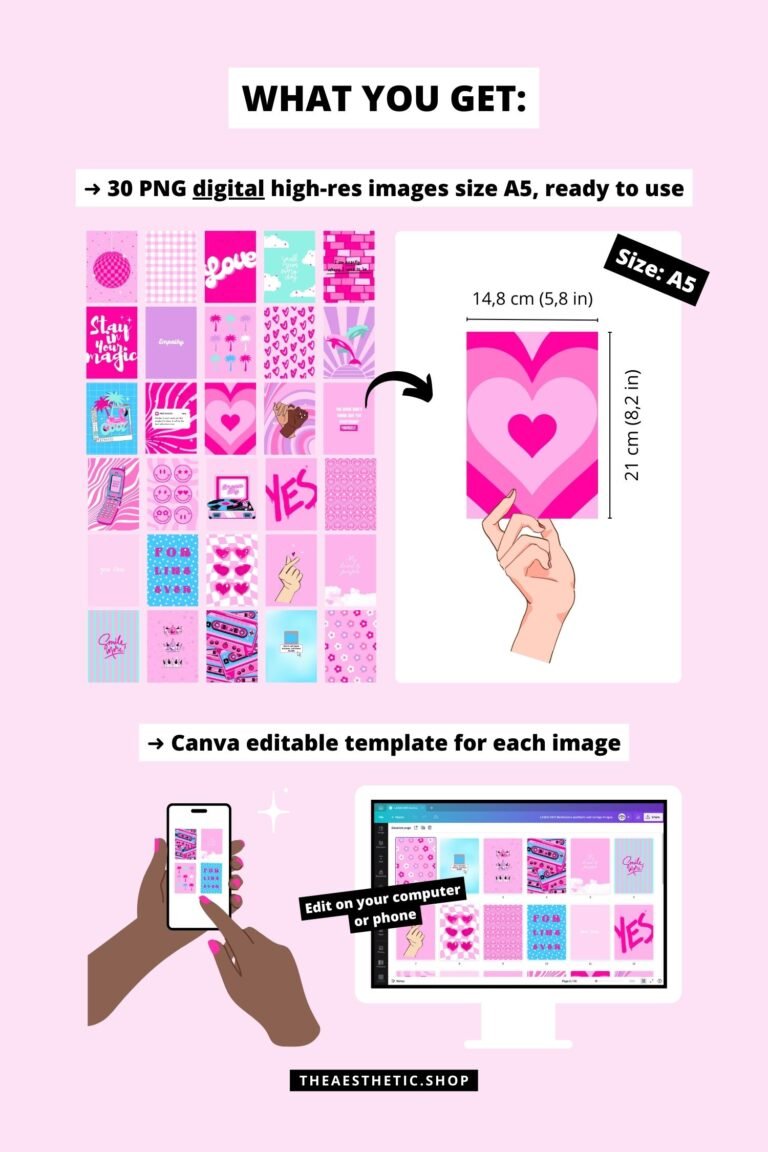 30 Barbiecore aesthetic high-resolution DIGITAL images (with their editable Canva template)