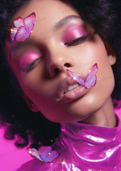 High resolution woman in pink makeup and butterflies aesthetic image