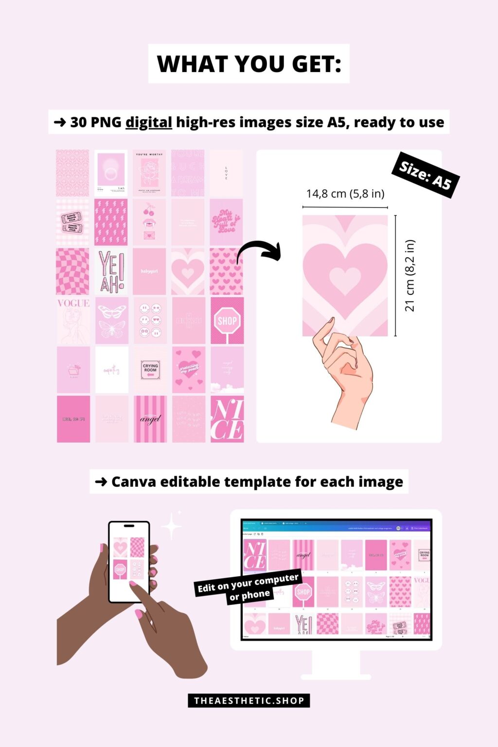 Pink Aesthetic Wall Collage Digital Images + Editable Canva Templates