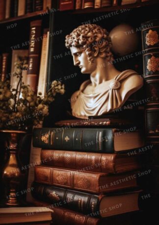 Dark academia aesthetic image of pile of old books with bust statue on top