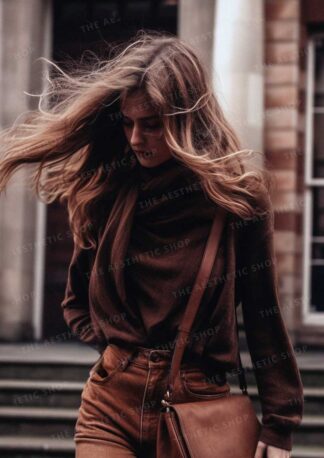 Dark academia aesthetic image of blonde woman walking in the wind