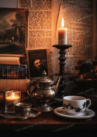 Dark academia aesthetic image of books, candle and coffee set