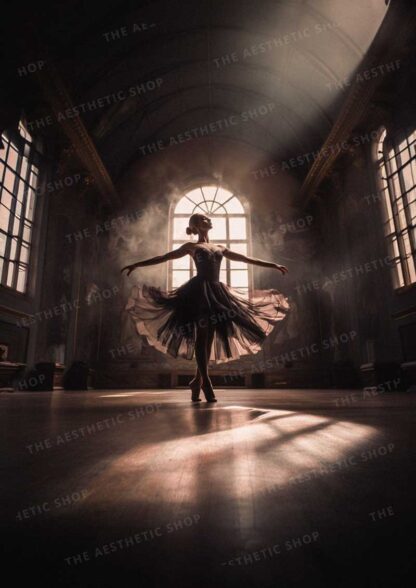 Dark academia aesthetic image of classical ballerina dancing in a dark room