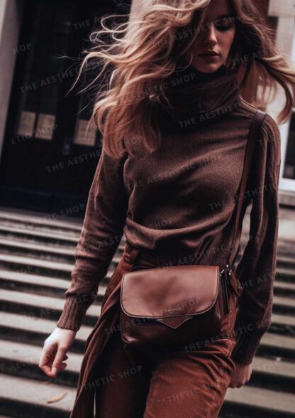 Dark academia aesthetic image of young blonde woman wearing brown outfit in the fall