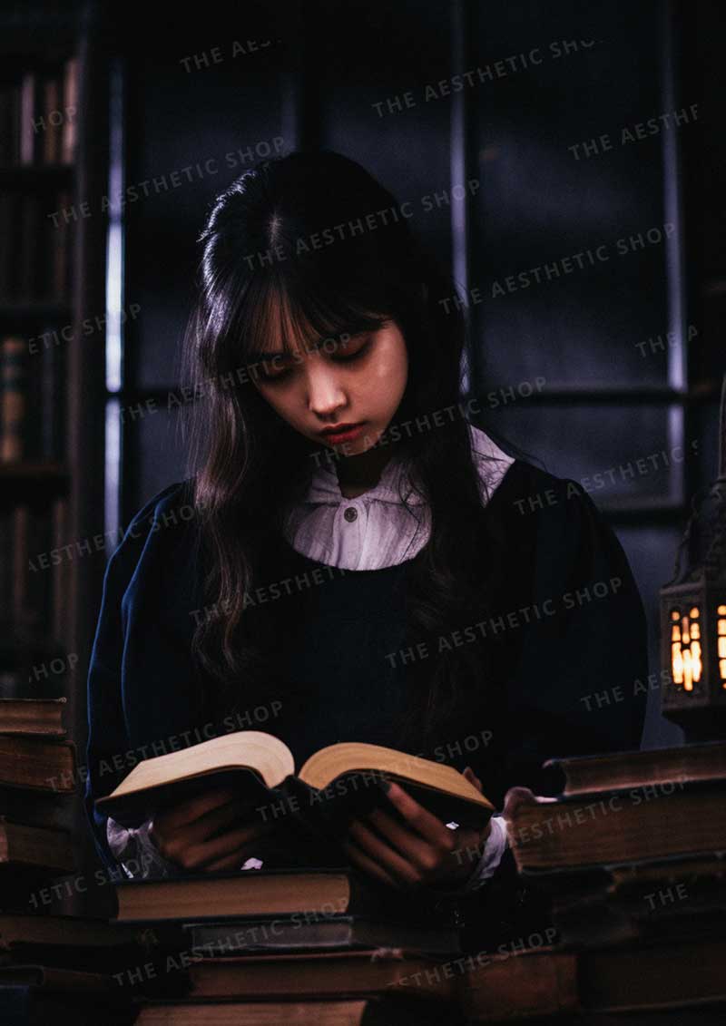 Dark academia aesthetic image of young asian woman reading a book in ...
