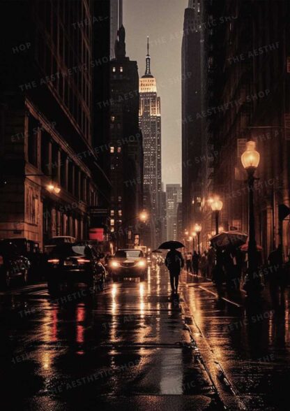 Dark academia aesthetic image of New York city's rainy evening