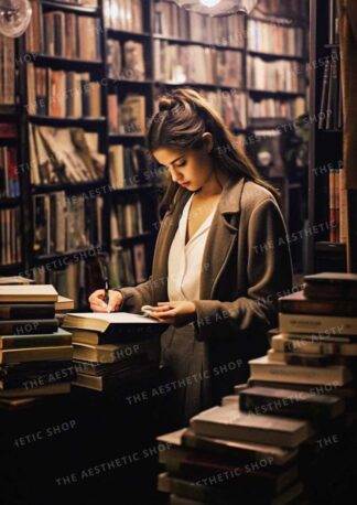Dark academia aesthetic image of young woman taking notes in the library