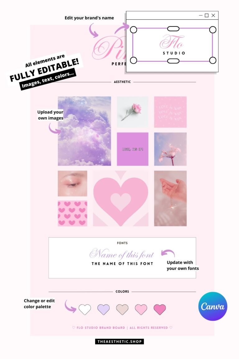 Perfect Pink Aesthetic Canva editable brand board - Includes logo, color palette, aesthetic, fonts & more