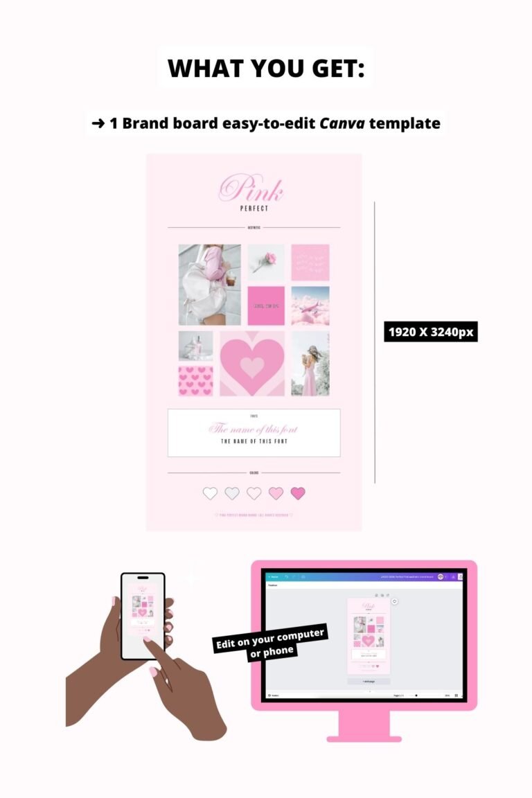 Perfect Pink Aesthetic Canva editable brand board - Includes logo, color palette, aesthetic, fonts & more